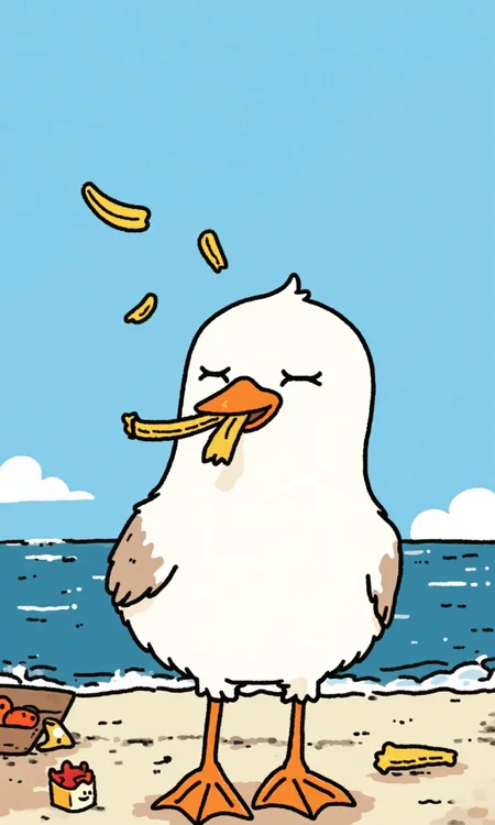 A seagull holds a French fry in its mouth <lora:flux-test\flux.1_lora_flyway_simple-illustration.safetensors:1.1:1.1>