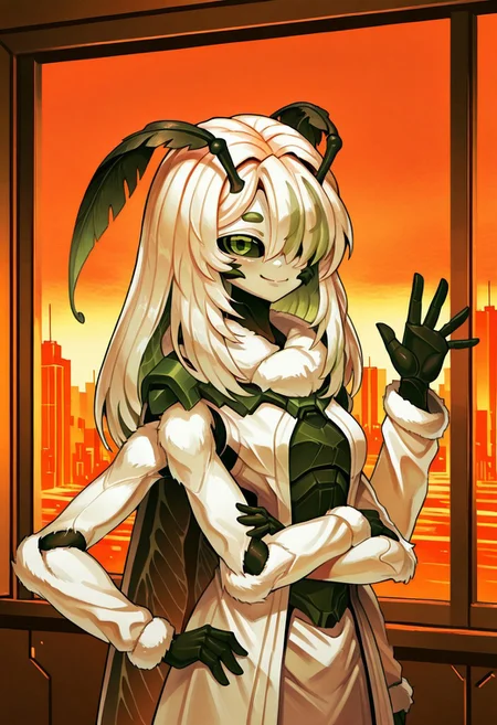 1girl, solo, juniperactias, monster girl, arthropod girl, moth girl, white skin, insect wings, extra arms, fewer digits, carapace, long hair, multicolored hair, white hair, green hair, hair over one eye, antennae, green eyes, black sclera, white robe, arms crossed, hand on own hips, waving, smile, closed mouth, upper body, three quarter view, looking at viewer, indoors, window, city, sunset, orange theme, science fiction, g4z3r1cc