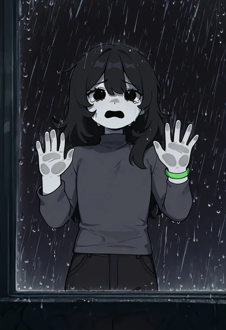masterpiece, best quality, amazing quality, very aesthetic, absurdres, newest, detailed background, foreground blur, (( cartoon,  )),
charlieemily, 1girl, black hair, long hair, black eyes, dark grey shirt, turtleneck sweater, grey skin, black pants, long sleeves, single green bracelet square hair, square eyes, tears, tears down cheeks, shirt over pants, flat chest, 
heavy rain, hands on window, punching window, black background, raining outdoors, standing outside, crying, screaming, scared, open mouth, cowboy shot, leaning on window, pressing on window, pressing against glass,