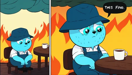 score_9,score_8_up,<lora:celestin-v4-13:1>, uwcelestinfag, blue bear, 1boy, blue overalls,white shirt,short_sleeves,green hat, <lora:ThisIsFine_pdxl_Incrs_v1:0.8> 2koma, comic, fire, sitting, speech bubble, burning, table, chair, cup