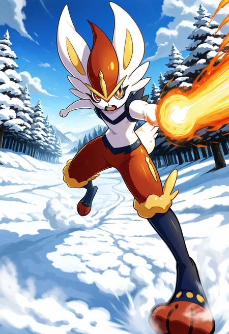 masterpiece, best quality, no humans, zzCinderace, white snow, steam breath, fast motion blur, snowy forest, determined eyes, trail of heat, frosty air, early morning, silent landscape â Cinderace bounds across the snowy plain in a blur of speed, its body cutting a swath through the frost. Steam rises from its fur, the heat of its core defying the chill. Its eyes are sharp and unwavering, scanning ahead with purpose. Behind it, the snow melts in streaks where its feet touched down, a glowing trail against the pristine white. <lora:CinderacePokedex_IXL:1.0>,