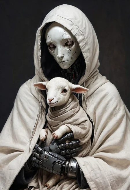noface robot with hooded NoFace and Large wide linen hood Cape sits quietly with a fluffy white lamb on its lap. the scene of a used and dirty detailed sci-fi looking hooded dystopien cyborg draped in a thick dirty white linen cloak. detailed dirty used look, Its face remains concealed, and the cloak over its head is made of coarse, thick, dirty, torn and worn white linen fabric. It exudes a silent presence, as the surroundings are permeated with a blend of solitude and tender moments of affection. cables, wires, very detailed, atmospheric haze, dimmed light