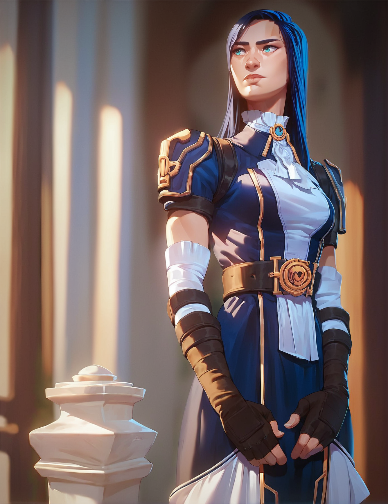 score_9, score_8_up, score_7_up,score_9, score_8_up, score_7_up, 1girl,  <lora:Catelyn:0.85>,1girl, blue hair, cat_k, long hair,  blue eyes, skinny,uniform,  asian,sleeves, gloves, belt, skirt