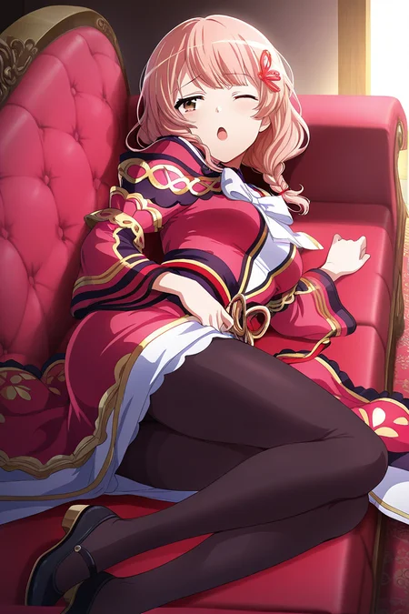masterpiece, best quality, amazing quality,
<lora:Yuyuko_IL:1> yuyuko, 1girl, pantyhose, solo, one eye closed, couch, dress, lying, braid, twin braids, open mouth, on side, hair ornament, brown eyes, black pantyhose, shoes