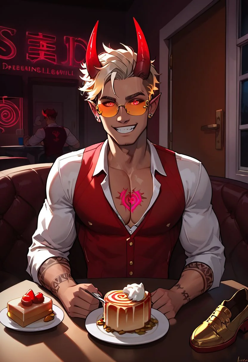 score_9, score_8_up, score_7_up,score_9, score_8_up, score_7_up, (Boy: light tan skin, Toned and tall), Pretty face, handsome smile, perfect face, (((White Glowing hair))), ((Glowing golden irises)), (Neon Red pupils), tan skin, shiny skin, Curley short haircut, ((2 spiral red horns)), (((Demon))), (Medium muscle build), gages in ears, Neon tattoos on arms, Neon V tattoo on hips, Neon demon tattoos on chest, wild hair, toned hips, ((fit look, large Gold intelligent glasses)), white sleeves dress shirt, Red vest, gold embroidery, dress shoes, eating meal on table, thanking wife for food, ((Gold aura surrounding body)),
Knocking on bedroom door, outside of bedroom door, waiting for response, knocking sound effects, view from behind