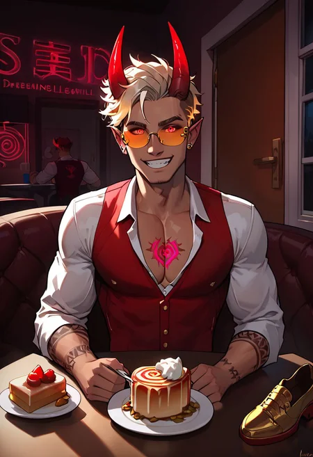 score_9, score_8_up, score_7_up,score_9, score_8_up, score_7_up, (Boy: light tan skin, Toned and tall), Pretty face, handsome smile, perfect face, (((White Glowing hair))), ((Glowing golden irises)), (Neon Red pupils), tan skin, shiny skin, Curley short haircut, ((2 spiral red horns)), (((Demon))), (Medium muscle build), gages in ears, Neon tattoos on arms, Neon V tattoo on hips, Neon demon tattoos on chest, wild hair, toned hips, ((fit look, large Gold intelligent glasses)), white sleeves dress shirt, Red vest, gold embroidery, dress shoes, eating meal on table, thanking wife for food, ((Gold aura surrounding body)),
Knocking on bedroom door, outside of bedroom door, waiting for response, knocking sound effects, view from behind