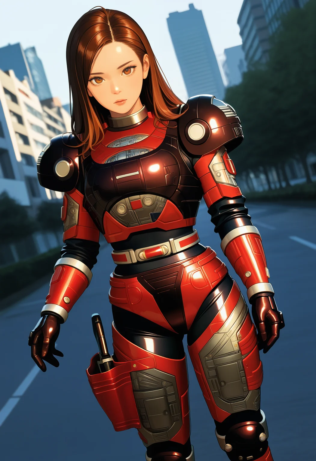 1girl, solo, R3ddle, armor, bodysuit, shoulder pad, gloves, belt, kneepad, holster, brown hair, brown eyes, cowboy shot, dutch angle, looking at viewer, shiny clothes,
outdoors, city,
best quality, very aesthetic, masterpiece,