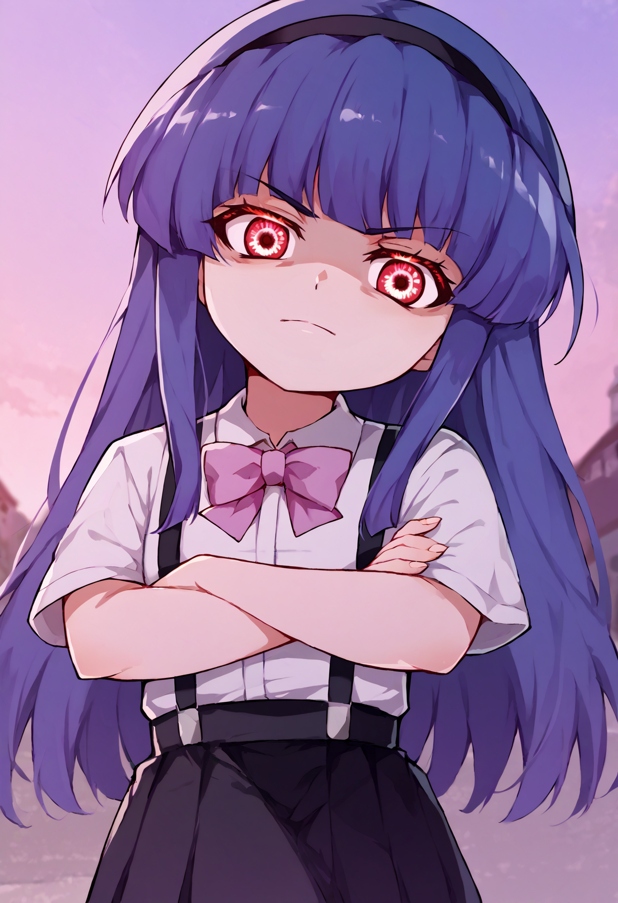 score_9, score_7_up, source_anime, uncensored, <lora:StS_PonyXL_Detail_Slider_v1.4_iteration_3:2> straight on, facing viewer, outdoors, school, rural village,
<lora:Furude Rika:1> furude rika, 1girl, solo, blue hair, purple eyes, white shirt, pink bow, suspenders, black skirt, li, glaring, looking at viewer, crossed arms, (head tilt:1.4), fingernails,
<lora:Higurashi_Looper_Eyes_v1.1:1>, looper eyes, red eyes, glowing eyes, symbol-shaped pupils, eye reflection, staring, (shaded face:0.8), anger vein,