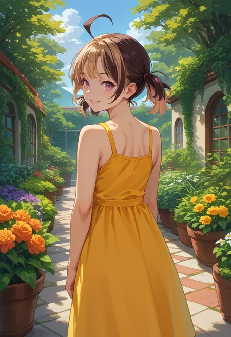 score_9, score_8_up, source_anime, 1girl, solo, GigiMurin, multicolored hair, short twintails, ahoge, from behind, yellow sundress, garden, day, sunshine, smile, looking back, <lora:ChamGigiMurinPonyXL:1>
