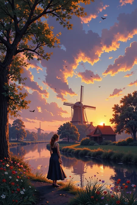 Dutch beautiful  landscape, evening, woman, very intricate, very detailed, sharp, bright, colorful, <lora:Hand v2:0.5> <lora:Anti-Blur:1><lora:Insane Detail Slider:0.25>  <lora:flux.1_lora_flyway_Epic-detail_v2:0.3> <lora:fluxenhancer:0.25> <lora:ROWER:0.8> <lora:flux-charmer-v1-1:0.4> <lora:Anime art - Variant 3:0.6> Anime art