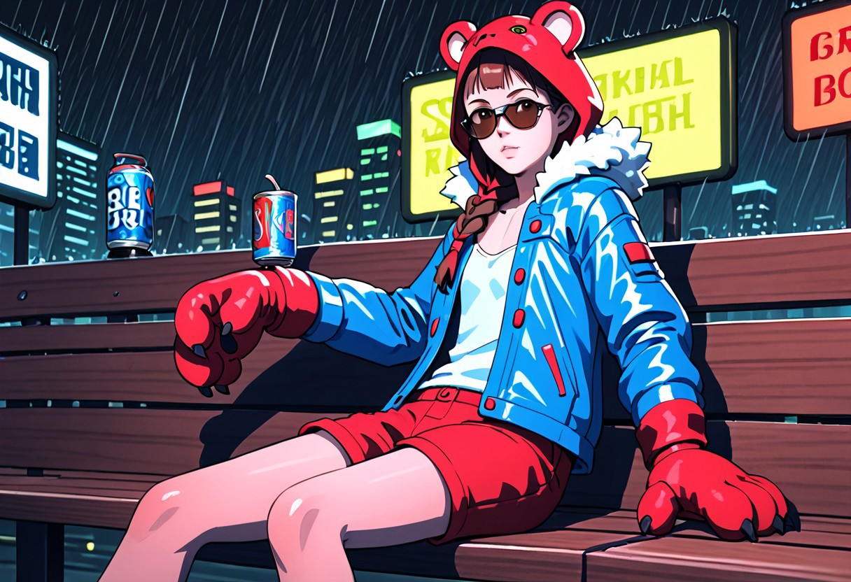 3d shading, water color painting, traditional media, score_9, score_8_up, score_7_up, Natalie-Korda, brown hair, single braid, brown eyes, open clothes, red shorts, open jacket, blue jacket, lips, night, sunglasses, denim, rain, can, bench, fur trim, cyborg, red paw gloves, bear costume, animal hood, leather jacket, cyberpunk, vending machine, neon lights, sensitive