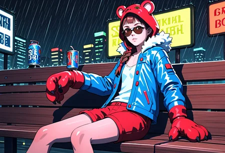 3d shading, water color painting, traditional media, score_9, score_8_up, score_7_up, Natalie-Korda, brown hair, single braid, brown eyes, open clothes, red shorts, open jacket, blue jacket, lips, night, sunglasses, denim, rain, can, bench, fur trim, cyborg, red paw gloves, bear costume, animal hood, leather jacket, cyberpunk, vending machine, neon lights, sensitive