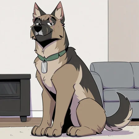Brutus(P.B.), solo, 1boy, feral, dog, german shepherd, black and brown fur, black eyes, scar across eyes, dog tail, black nose, green collar, silver dog tag, looking at viewer, full body, smiling, sitting, living room background,