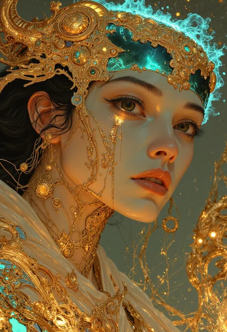 This is a highly detailed, hyper-realistic calligraphy ink brush painting depicting a divine angel in a Renaissance-inspired style. The subject is a sorrowful angel with a radiant golden halo reflecting soft blue light, surrounded by a celestial aura. Her face is exquisitely detailed, with shimmering, tear-filled eyes that convey profound emotion and spiritual beauty.
Her skin is rendered with delicate, flowing ink brushstrokes, creating smooth gradients of soft pastel hues blending into one another, complemented by intricate highlights. The golden halo is intricately textured, with reflective, radiant patterns that shimmer in the light, adding a divine touch to her ethereal presence.
She is adorned with flowing, translucent robes that feature subtle, colorful ink patterns, seamlessly transitioning from gold to pale pink and blue. The background is a prophetic vision of celestial artistry, filled with intricate golden details, ornate symbols, and glowing accents that evoke a sense of divine foretelling. The entire piece stands as a masterpiece of calligraphy ink artistry, blending vivid colors, detailed brushwork, and spiritual grandeur into a work of timeless beauty.