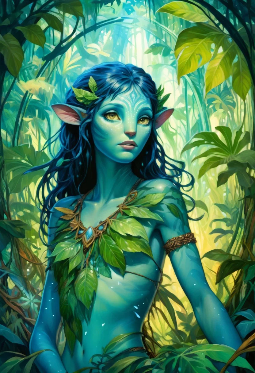Alphonse Mucha Style page oil painting of a 18 year old female Avatar navi alien with blue skin, wearing leaf tunic in a bioluminescent jungle, busy, cleavage