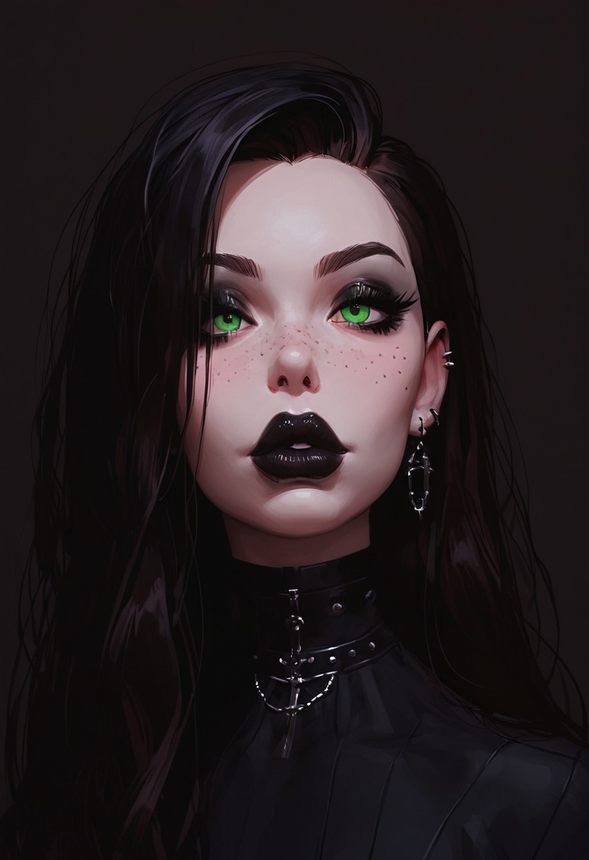 score_9, score_8_up, score_7_up, score_6_up, score_5_up, score_4_up, goth girl, gothic,  egirlmake up, choker, (beautiful face, cute face, 18 years old) Expressiveh, ASCII 1 girl, brown hair, green eyes, black latex outfit, medium breasts, upper body, portrait, 4k, big lips, choker, heavy make up, black lipstip, eyeliner, long hair, freckles