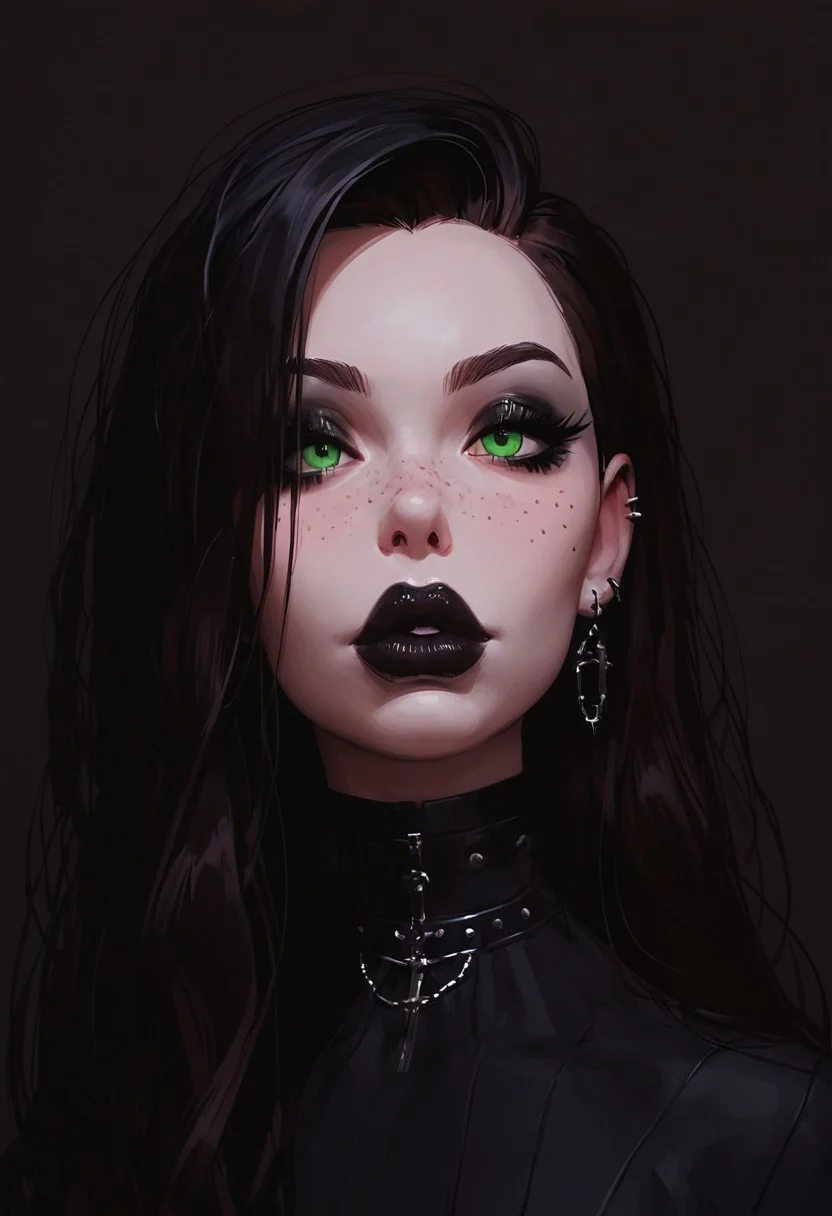 score_9, score_8_up, score_7_up, score_6_up, score_5_up, score_4_up, goth girl, gothic, egirlmake up, choker, (beautiful face, cute face, 18 years old) Expressiveh, ASCII 1 girl, brown hair, green eyes, black latex outfit, medium breasts, upper body, portrait, 4k, big lips, choker, heavy make up, black lipstip, eyeliner, long hair, freckles