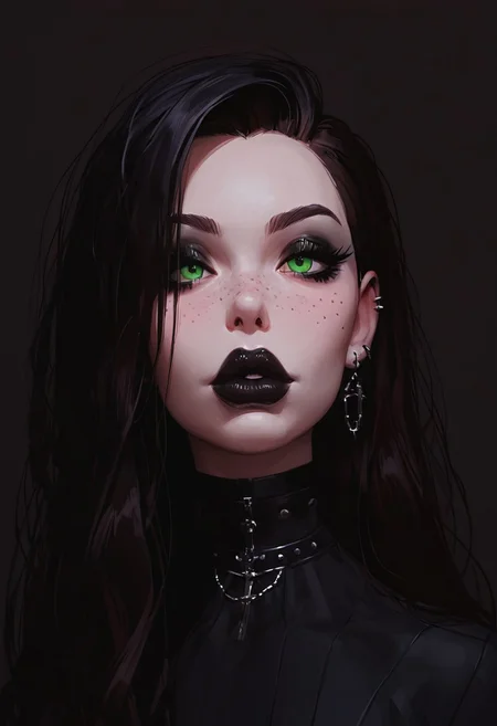 score_9, score_8_up, score_7_up, score_6_up, score_5_up, score_4_up, goth girl, gothic,  egirlmake up, choker, (beautiful face, cute face, 18 years old) Expressiveh, ASCII 1 girl, brown hair, green eyes, black latex outfit, medium breasts, upper body, portrait, 4k, big lips, choker, heavy make up, black lipstip, eyeliner, long hair, freckles