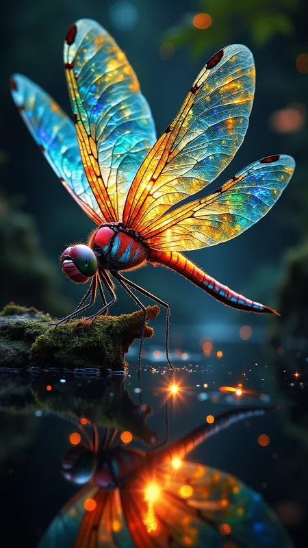 A dragonflyâs wings transform into stained glass windows, colors shifting with every beat, casting rainbows across a mystical garden, bo-exposure, double exposure, luminous flutter, the air shimmers with every movement, magic etched in glass