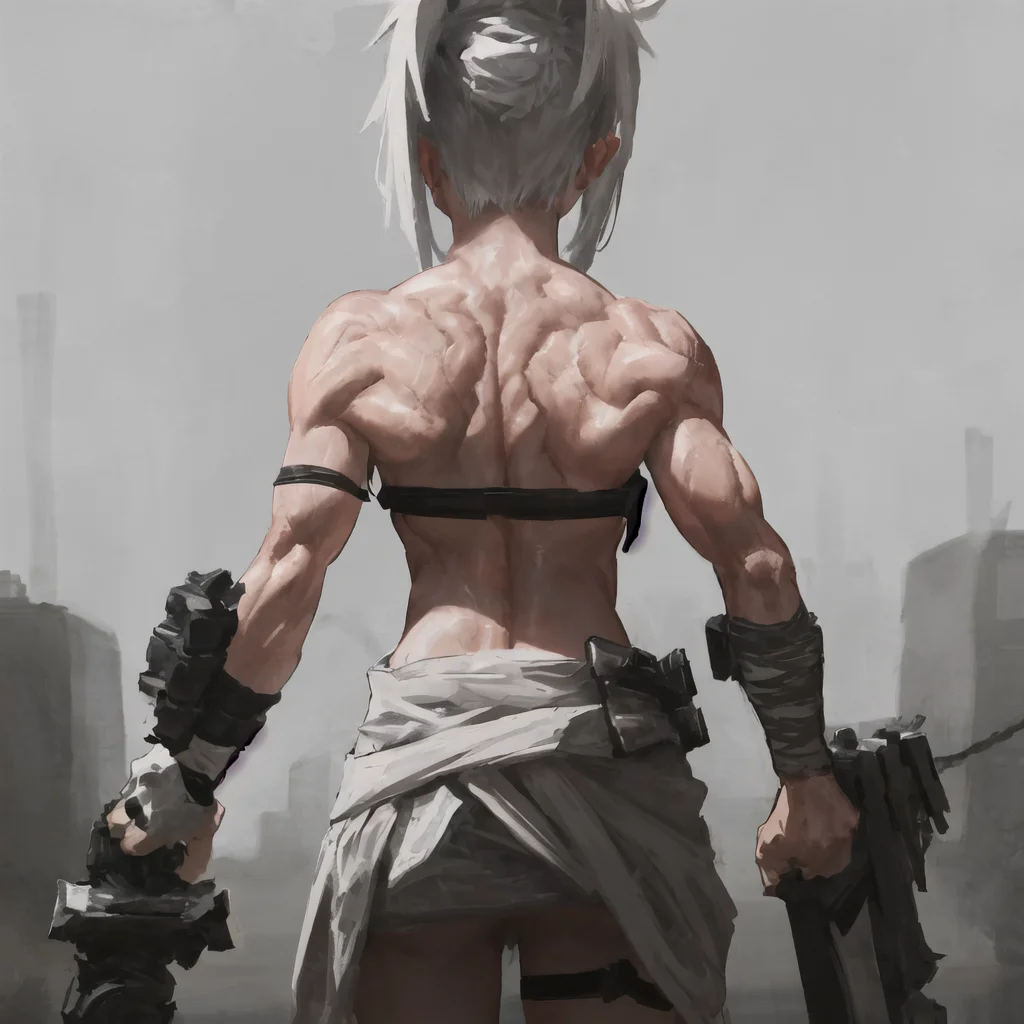 1girl, solo, gloves, holding, bare shoulders, monochrome, weapon, sword, from behind, armor, muscular, back, bandages, folded ponytail, bandaged arm, muscular female <lora:riven-v1.2:1>