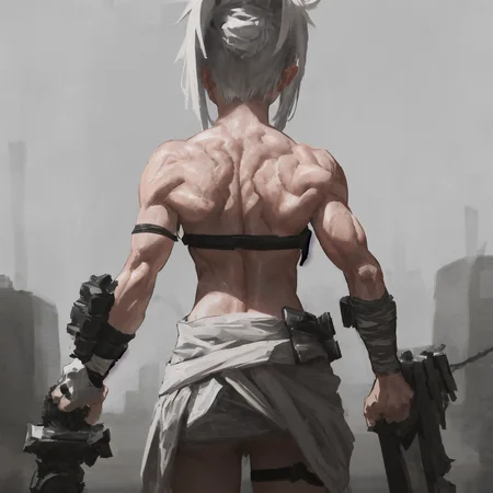 1girl, solo, gloves, holding, bare shoulders, monochrome, weapon, sword, from behind, armor, muscular, back, bandages, folded ponytail, bandaged arm, muscular female <lora:riven-v1.2:1>