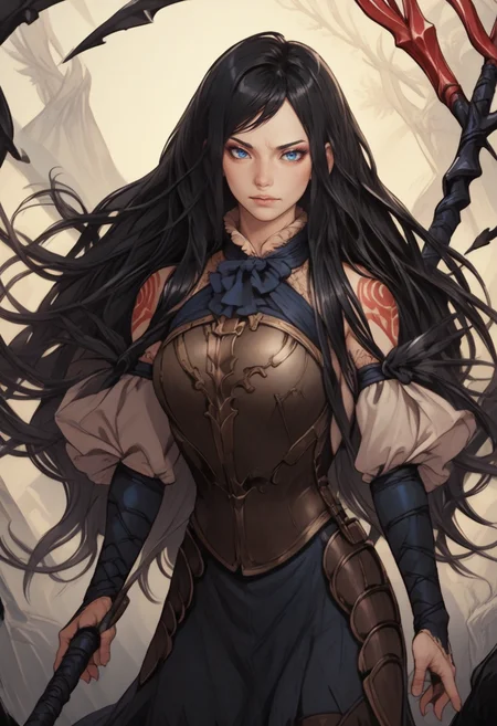 score_9, score_8_up, score_7_up, BREAK, score_9, <lora:shanoa:1> shanoa, long hair, black hair, blue eyes, tattoo,holding spear,
