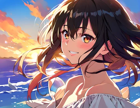 <lora:pony_xl_yukina:0.8>,yukina,score_9,score_8_up,score_7_up,source_anime,1girl,solo,on the beach,sunset,kind_smile,shiny white dress,backlight,hair fluttering in the wind,light_blush,front view,close your eyes,