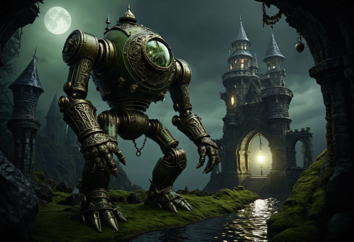 giant bipedal robot olive green and dark amber, bronze paisley robot. lacy robot diving helmet head. outside of a steampunk keep. large detailed torso. dark image. one forty foot tall ancient robot with great arms and two heavy spring legs. dark foggy night background. $dark foggy night image only. dark photo realistic image. steampunk details. cogs, chains and pipes incorporated in the fantasy buildings. magic wizards tower in background. Dark swamp, moss, castle ruins, wizards tower. stormy dark night.