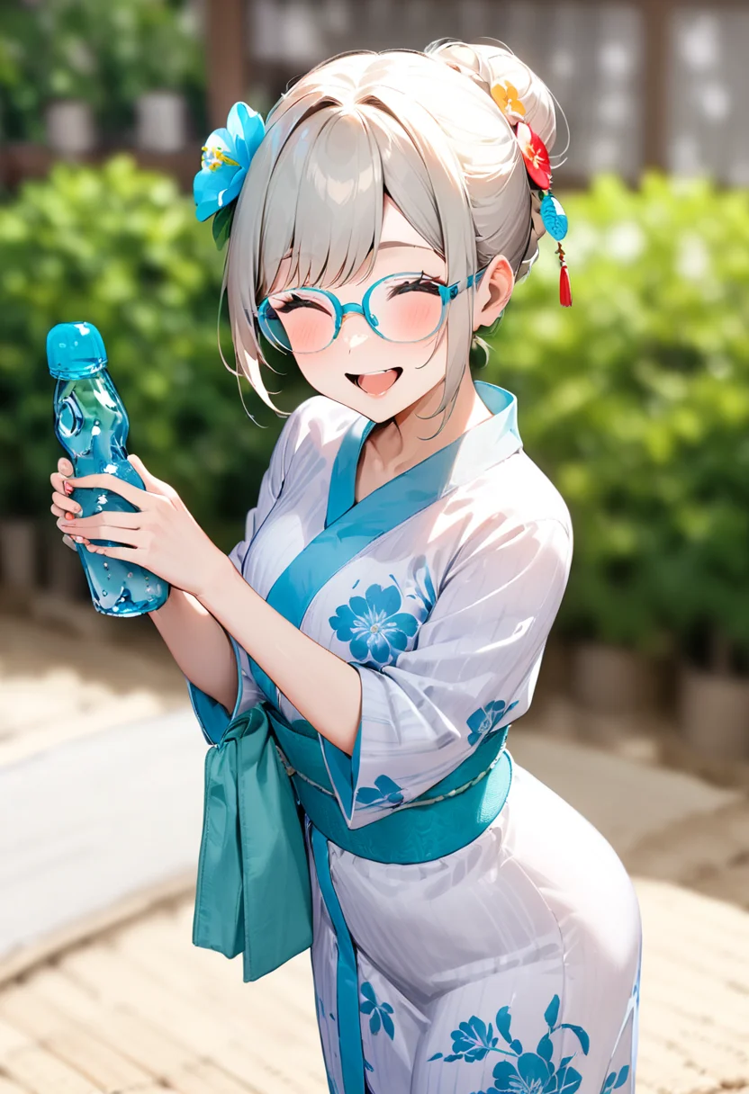 masterpiece, best quality, very aesthetic, absurdres,
ramune, food, bottle, 1girl, solo, holding bottle, blurry background, depth of field, holding, glasses, happy, smile, yukata, uchiwa, hair bun, hair ornament, hair flower
<lora:ramune_SDXL_V1:1>