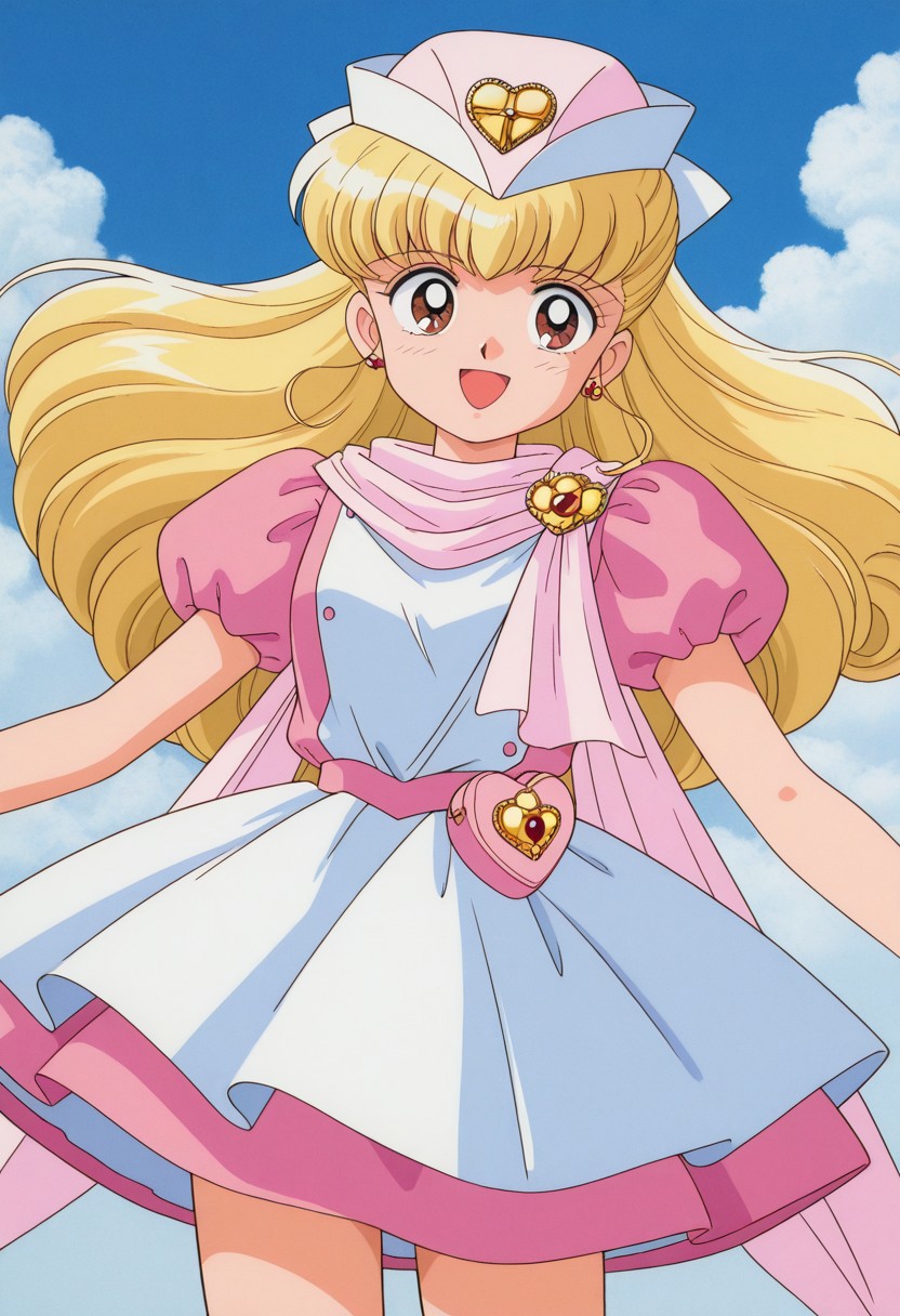 masterpiece, best quality, source_anime,official art,perfect_anatomy,1990s_\(style\),retro_artstyle,nurse angel,1girl,brown eyes,blonde hair,long hair,hat,earrings,jewelry,magical girl,dress,puffy short sleeves,(beautiful detailed face,looking_at_viewer,smile,open mouth),cowboy shot,close to viewer,day,blue_sky,cloud,
