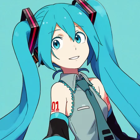 solo, 1girl, hatsune miku, blue hair, long hair, twintails, smile, parted lips
