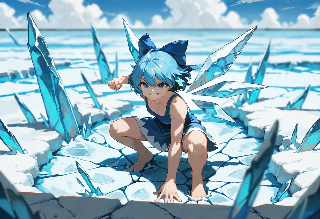 usnr, masterpiece, best quality, amazing quality, very aesthetic, high detail, score 9, depth of field, blurred background, (daytime, cloudy, on the ice, outdoor, shade:1.3), ((five fingers:1.3, from above:1.1, small breasts)), 1girl, cirno, full body, cloth, spread legs, dynamic angle, floating small ice, breaking ice ground, cracked ice surface, absolute zero, motion line, hand motion, crouching girl, beautiful, glacier, one fist on ground, broken ice, large scale field, far girl, grin, Clenched fist, floating ice pane, eye light, guts,