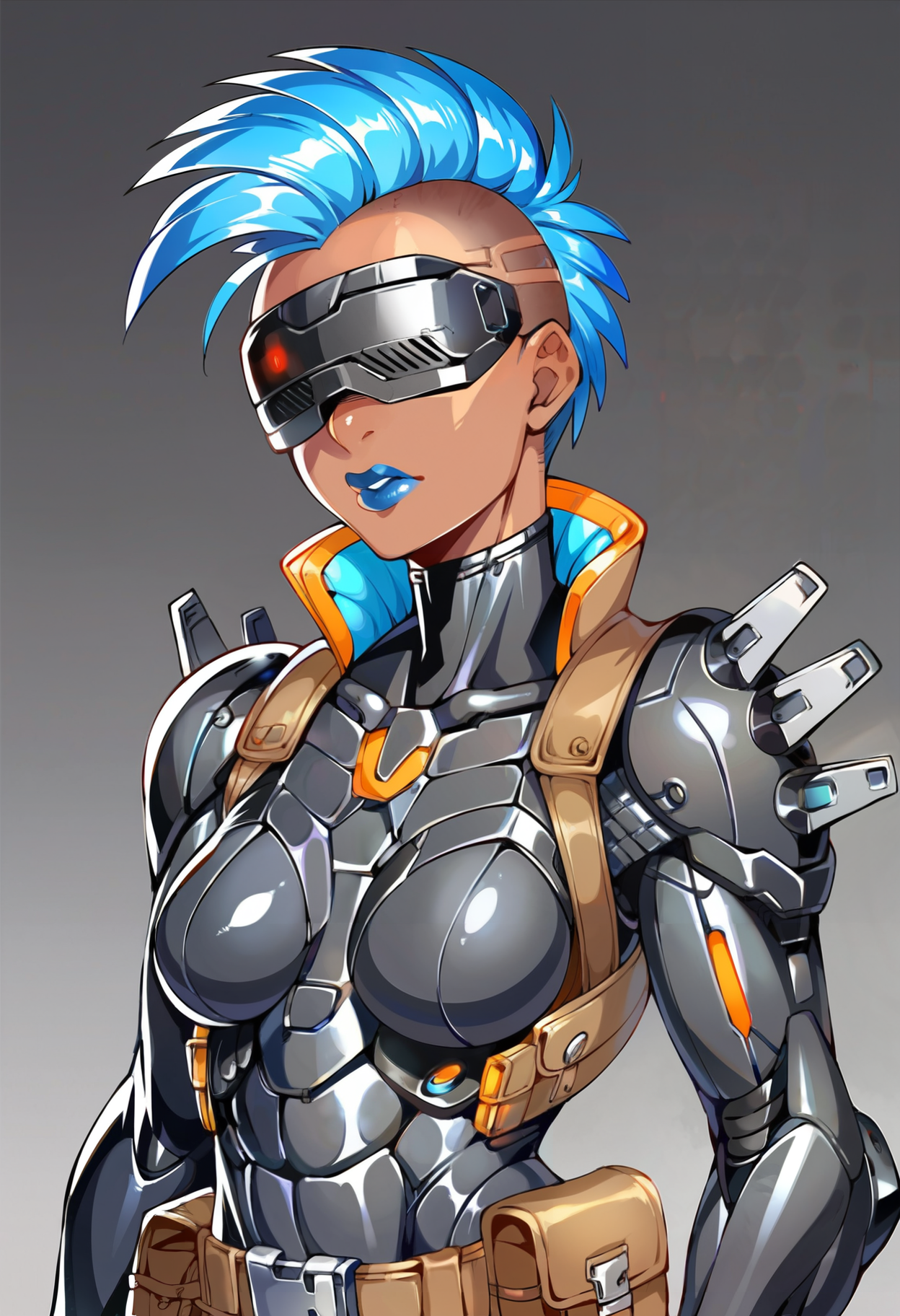 score_9,score_8_up,score_7_up,score_6_up,1girl,solo,dark background,(upper body:1.15),(portrait:1.4),black bodysuit,science fiction,blue hair,mohawk,belt pouch,armor,dark-skinned female,no eyes,hidden eyes,shoulder spikes,visor,blue lips,black gloves,cyborg,mechanical legs,medium breasts,boots,       <lora:MyTrainings\Temp\Mad_Maggie_Outlawed_Tech_XL_Pony_ARZUMATA-000009.safetensors:0.5>