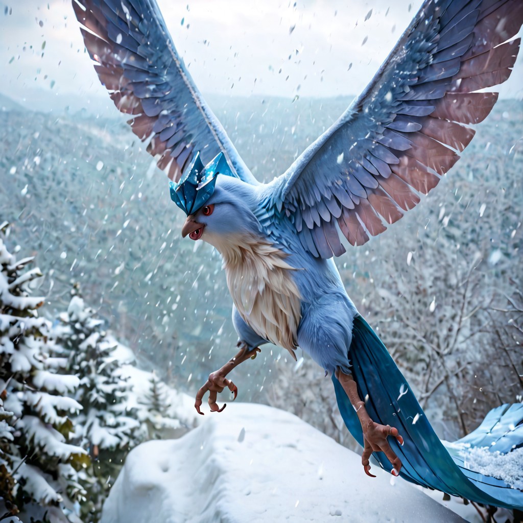 score_9, score_8_up, score_7_up, score_6_up, solo, articuno, pokemon (creature), feral, avian, bird, bipedal, blue body, blue feathers, detailed feathers, realistic feathers, talons, long tail feathers, icy crest feathers, small beak, red brown eyes, white sclera, large wings, flying, in air, snowing in background, arctic, dynamic angle, cinematic, photorealistic, real life