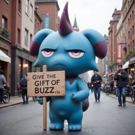 blue Depresso, holding sign, street, text "Give the gift of buzz plz", sad, cry, cute style