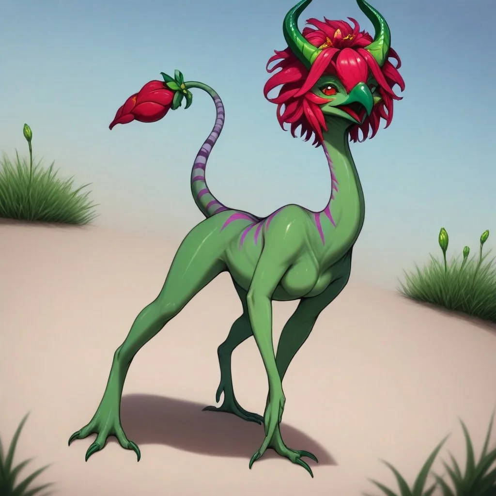 Rating: safe, masterpiece, best quality, amazing quality, highres, absurdres, Gaula, 1animal, sharp beak, red tail tip, flower bud tail, tapered tail tip, green horns, horns pointing forward, dark green skin, thick purple stripes, long neck, raschen, small, chubby, small feet, short, short legs, red head mane, thick head mane,
high angle,