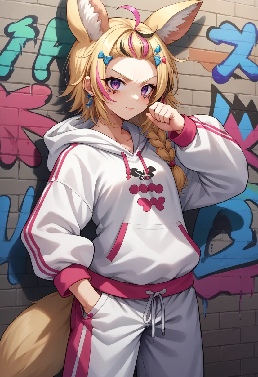 score_9, score_8_up, source_anime, 1girl, solo, OmaruPolka, streaked hair, fox ears, facial mark, side braid, purple eyes, fox tail, urban and street style, graffiti-inspired colors, cool and edgy attire, baggy pants, oversized hoodie, stylish sneakers, fashionable accessories, hip hop jewelry, confident expression, graffiti walls, energetic and vibrant atmosphere, <lora:ChamOmaruPolkaPonyXL:1>