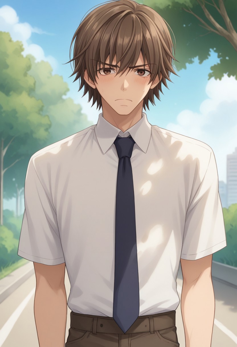 score_9, score_8_up, score_7_up, source_anime, highly detailed, 
hiroki, 1boy, male focus, brown hair, solo, necktie, brown eyes, shirt, day, sky, outdoors, white shirt, embarassed, pants, looking at viewer,