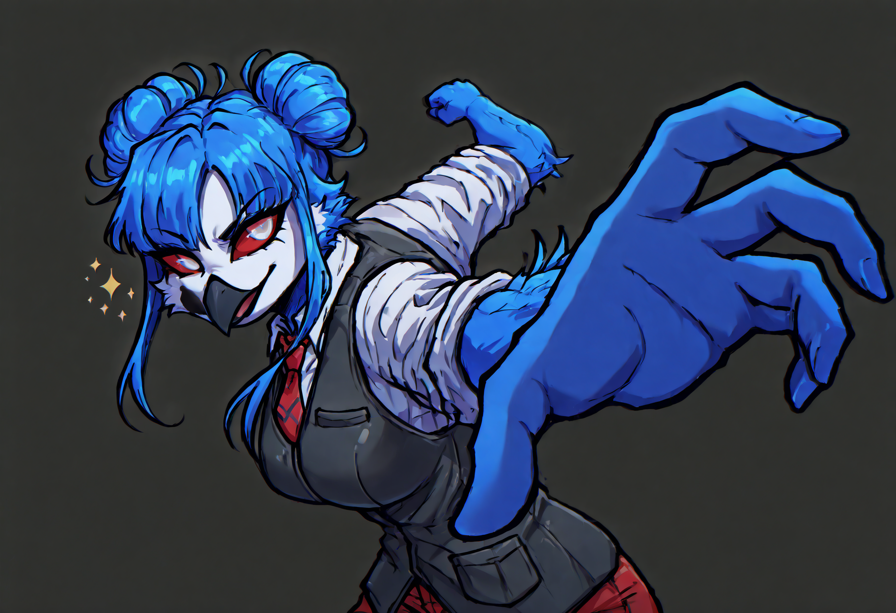 (beautiful, masterpiece, detailed), IncrsPunchMeme, 1girl, (solo), k1sh1r0, female anthro bird, furry bird, furry owl, avian, medium breasts, blue feathers, fluffy, body fur, blue hair, hair buns, double buns, bangs, black beak, white face, red sclera, white eyes, winged arms, white shirt, black vest, necktie, rolled up sleeves, incoming punch
