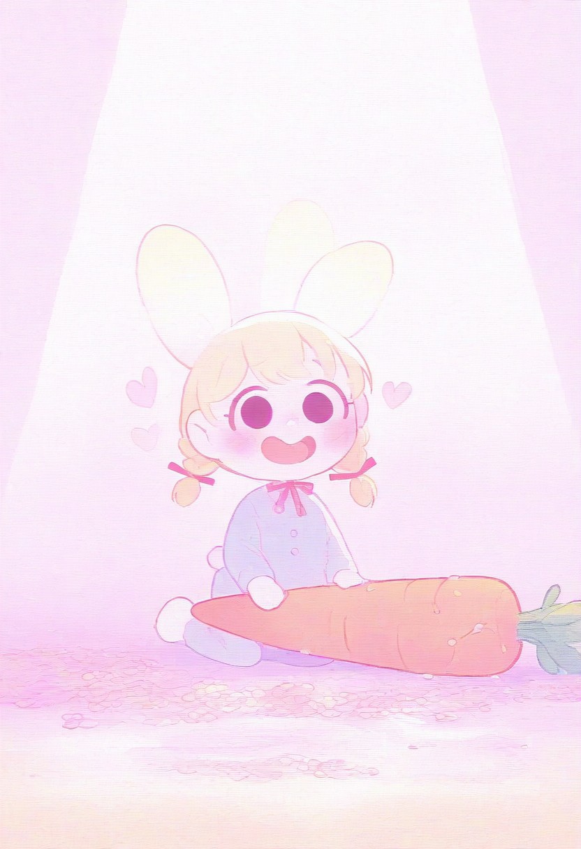 (masterpiece, best quality, good quality), illustration lovely girl, 1girl, 1bunny, very awa, very aesthetic, absurdres, cute bunny, little girl, farmer's sarafan, blonde, braids, wet bangs, girl pulls bunny by ears, bunny pulls carrot from garden, head tilted, blush, white fur, broken heart on rabbit, little bunny, farmer's garden, pulling big and thick carrot, many carrots, pastel colors, sad bunny, smiling girl, upper teeth, toon (style), heart, looking at viewer, deadly cutiness, red ribbon, ribbon, sunpuddle, sunlights, god rays, novuschroma02 style <lora:ponyv6_noobV1_2_adamW-000017:0.6> <lora:USNR_STYLE_XL_lokr:0.35> <lora:namukijpg_ill:0.6>
<lora:novuschroma02 style:0.8>