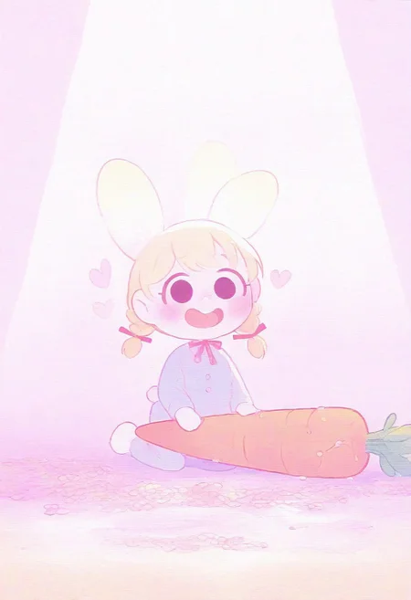 (masterpiece, best quality, good quality), illustration lovely girl, 1girl, 1bunny, very awa, very aesthetic, absurdres, cute bunny, little girl, farmer's sarafan, blonde, braids, wet bangs, girl pulls bunny by ears, bunny pulls carrot from garden, head tilted, blush, white fur, broken heart on rabbit, little bunny, farmer's garden, pulling big and thick carrot, many carrots, pastel colors, sad bunny, smiling girl, upper teeth, toon (style), heart, looking at viewer, deadly cutiness, red ribbon, ribbon, sunpuddle, sunlights, god rays, novuschroma02 style <lora:ponyv6_noobV1_2_adamW-000017:0.6> <lora:USNR_STYLE_XL_lokr:0.35> <lora:namukijpg_ill:0.6>
<lora:novuschroma02 style:0.8>