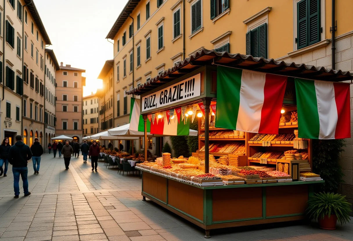 Photorealistic representation of a stall in the middle of a square in an Italian town selling Italian flags and pennants. The stall has a large sign reading "BUZZ, GRAZIE !!!". Warm, golden hour light.