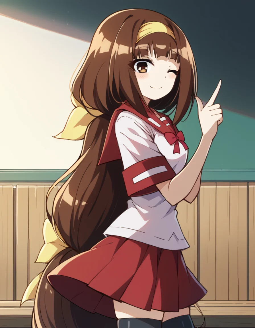 score_9, score_8_up, score_7_up, source_anime, <lora:najimi-ajimu-s2-ponyxl-lora-nochekaiser:1>, najimi ajimu, long hair, brown hair, bow, ribbon, brown eyes, very long hair, low-tied long hair, hair band, hair bow, yellow hairband, medium breasts,, skirt, thighhighs, bow, ribbon, school uniform, serafuku, black thighhighs, zettai ryouiki, red sailor collar, red skirt, red bowtie,, bus stop, waiting, benches, shelter, route, , <lora:double-finger-gun-ponyxl-lora-nochekaiser:1>, double finger gun,, blush, smile, one eye closed, from side, looking at viewer, solo,, dutch angle, cowboy shot