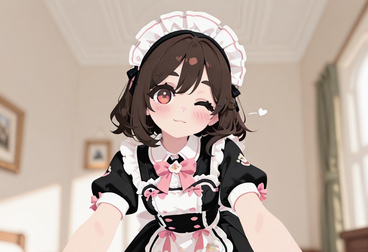 aesthetic, masterpiece, work of art, best quality, best, anime, detailed, score_9, score_8, score_7, Expressiveh, Expressiveh, fabulosity_style, best quality, flat color, no lineart, no outline, blurry background, depth of field, thick eyelashes, maid dress, pink bow, frills, short sleeves, maid headdress, 1 girl, cute, blush, wink, leaning towards viewer