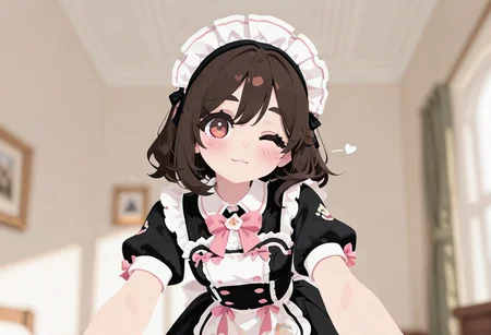 aesthetic, masterpiece, work of art, best quality, best, anime, detailed, score_9, score_8, score_7, Expressiveh, Expressiveh, fabulosity_style, best quality, flat color, no lineart, no outline, blurry background, depth of field, thick eyelashes, maid dress, pink bow, frills, short sleeves, maid headdress, 1 girl, cute, blush, wink, leaning towards viewer