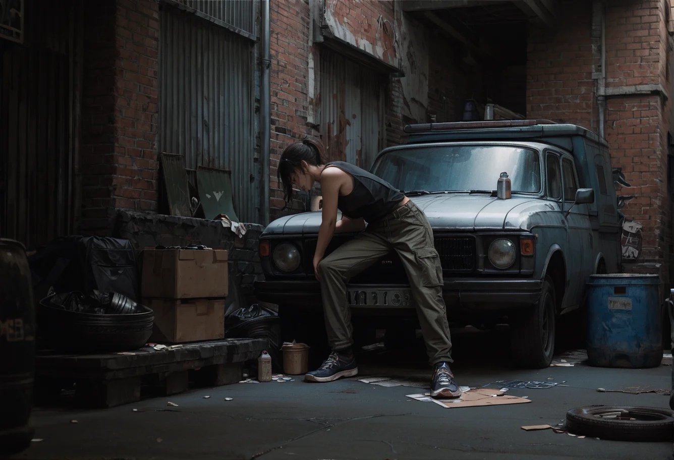 ,ruanyi0851,ground vehicle,brick wall,
1girl,repairing,cargo pants,<lora:0851 abandoned vehicles V2_v1_pony:1>, score_9,score_8_up,score_7_up,,8k,1girl,solo,,