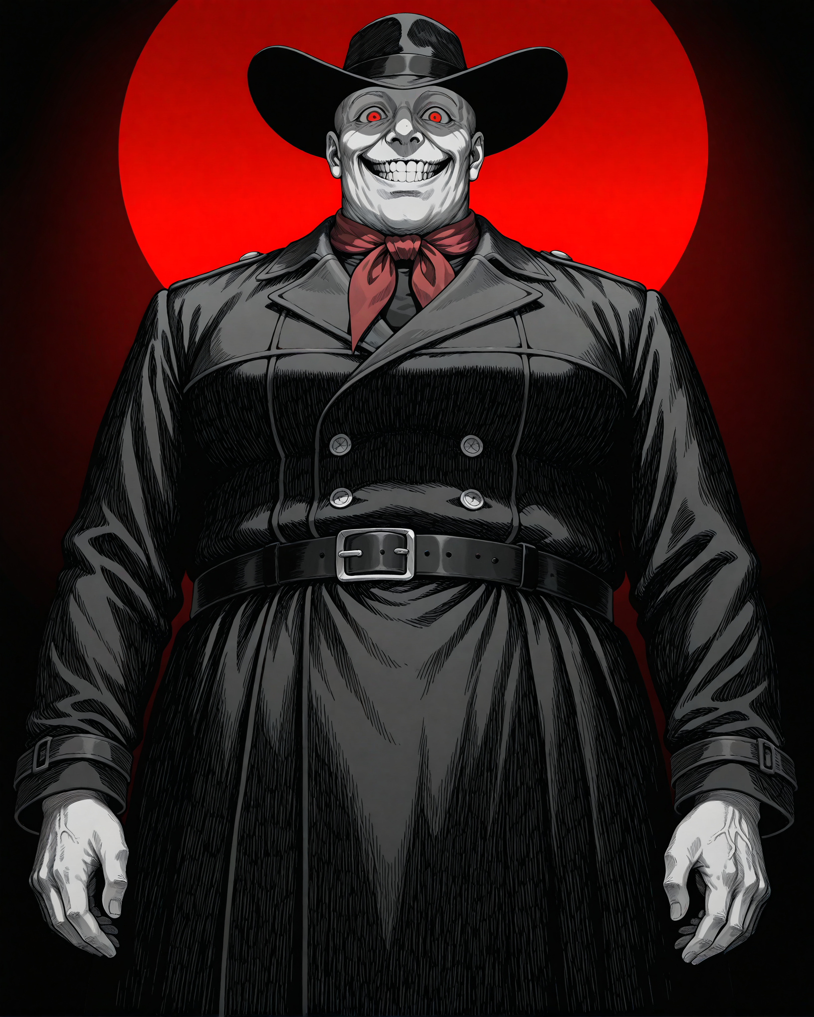 masterpiece, best quality, amazing quality, very aesthetic, absurdres, newest, HuntStyle, ink (medium), greyscale, hatching (texture), creepy, horror, portrait, cropped torso, 1boy, solo, fat man, bald, no hair, no brows, very short hair, red eyes, albino, black hat, black trench coat, red neckerchief, standing, wide grin, evil grin, looking at viewer, facing viewer, from below, black background, underlighting,  dark red background, dark red sunset,  gradient background, <lora:StS-Illustrious-Detail-Slider-v1.0:5><lora:detailed hand focus style illustriousXL v1:0.7> <lora:StS_Age_Slider_Illustrious_v1:1> <lora:Hunt_Showdown_Style:0.7>