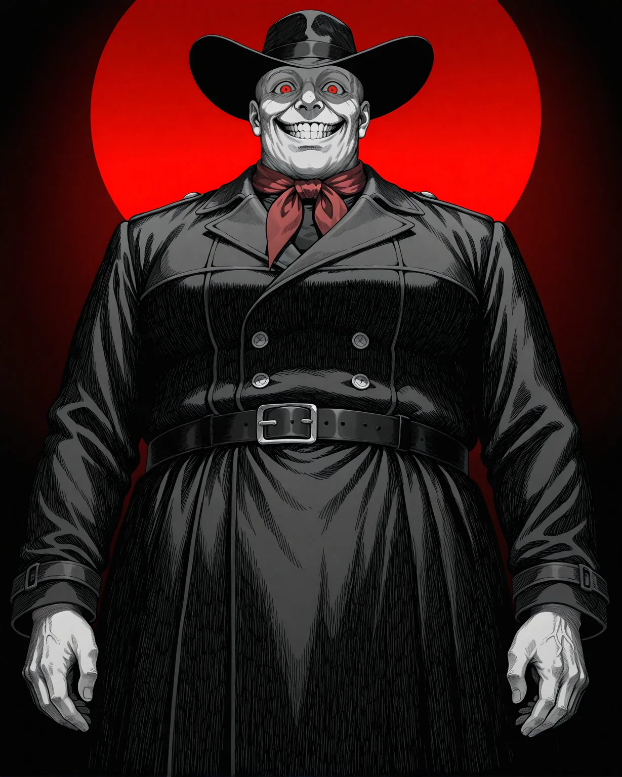masterpiece, best quality, amazing quality, very aesthetic, absurdres, newest, HuntStyle, ink (medium), greyscale, hatching (texture), creepy, horror, portrait, cropped torso, 1boy, solo, fat man, bald, no hair, no brows, very short hair, red eyes, albino, black hat, black trench coat, red neckerchief, standing, wide grin, evil grin, looking at viewer, facing viewer, from below, black background, underlighting, dark red background, dark red sunset, gradient background, <lora:StS-Illustrious-Detail-Slider-v1.0:5><lora:detailed hand focus style illustriousXL v1:0.7> <lora:StS_Age_Slider_Illustrious_v1:1> <lora:Hunt_Showdown_Style:0.7>