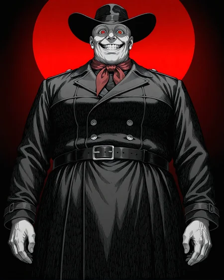 masterpiece, best quality, amazing quality, very aesthetic, absurdres, newest, HuntStyle, ink (medium), greyscale, hatching (texture), creepy, horror, portrait, cropped torso, 1boy, solo, fat man, bald, no hair, no brows, very short hair, red eyes, albino, black hat, black trench coat, red neckerchief, standing, wide grin, evil grin, looking at viewer, facing viewer, from below, black background, underlighting,  dark red background, dark red sunset,  gradient background, <lora:StS-Illustrious-Detail-Slider-v1.0:5><lora:detailed hand focus style illustriousXL v1:0.7> <lora:StS_Age_Slider_Illustrious_v1:1> <lora:Hunt_Showdown_Style:0.7>