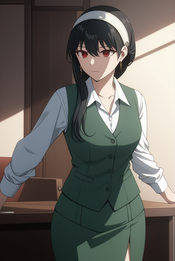 masterpiece, best quality, highres, 4k, 8k, intricate detail, cinematic lighting, amazing quality, amazing shading, soft lighting, Detailed Illustration, anime style,
yorbriar, <lora:yor-briar-s1s2-sdxl-lora-nochekaiser:0.75>,
yor briar, black hair, red eyes, earrings, white hairband, hairband, long hair, sidelocks,
skirt, shirt, long sleeves, white shirt, earrings, collared shirt, vest, green skirt, pencil skirt, office lady, green vest,
indoors, office,
looking at viewer, full body, dynamic pose,